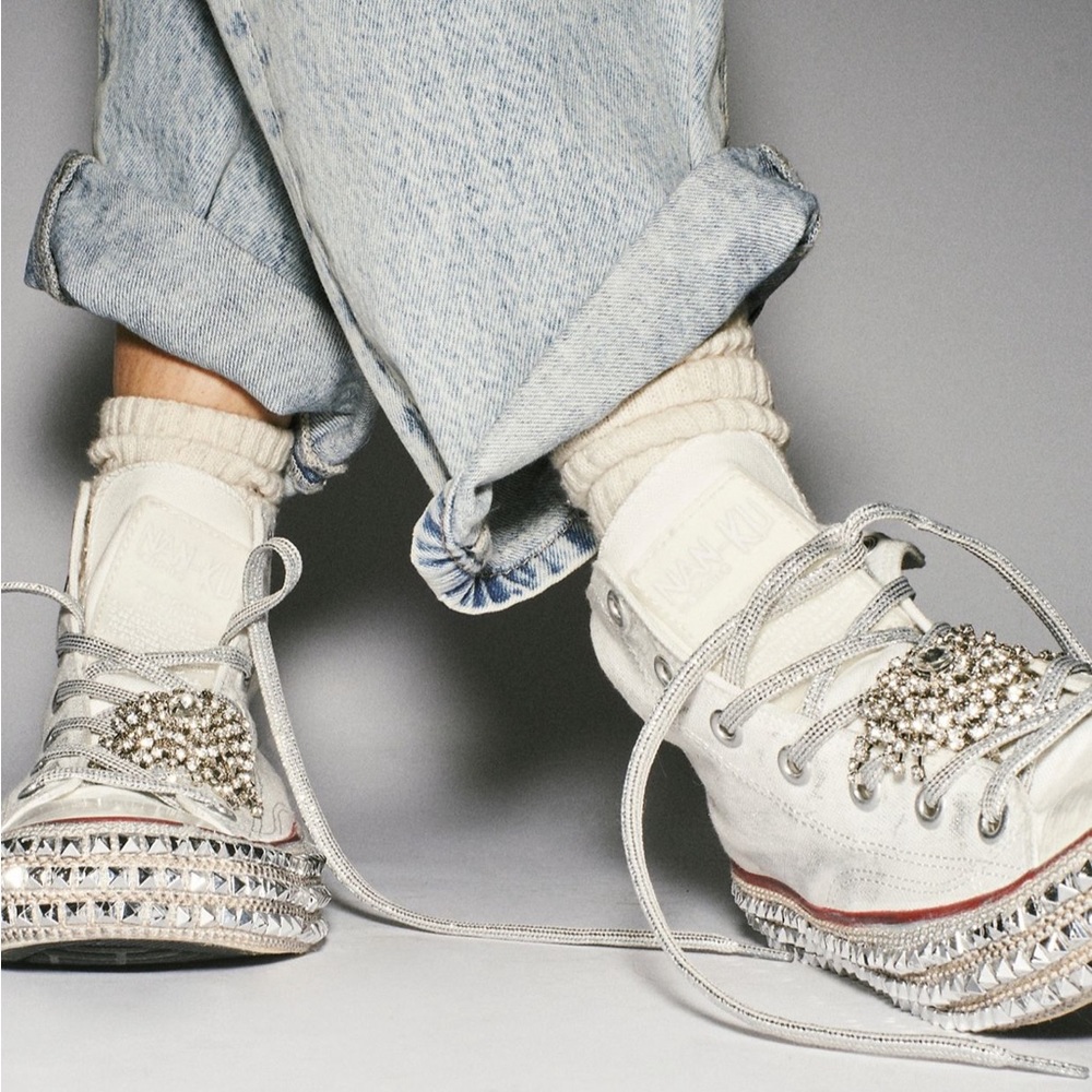 Nan-Ku X Free People CRUISE Studded High Top Sneakers - white silver Sz 7 eu 37